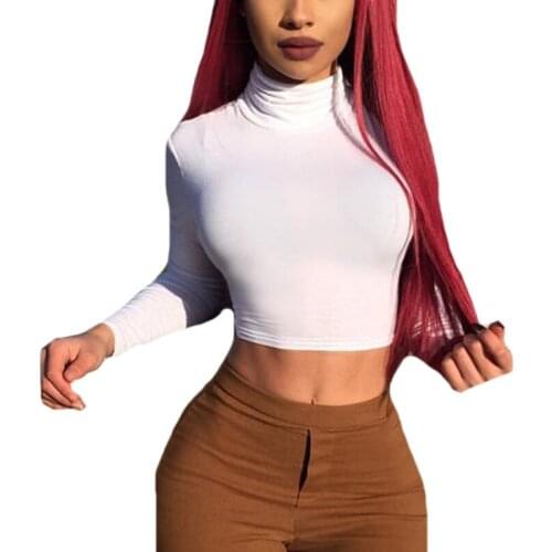 LJCUIYAO Casual Brown Turtleneck T-Shirts Long Sleeve Femme Black Short Womens Fashion Solid Basic White Crop Top Streetwear