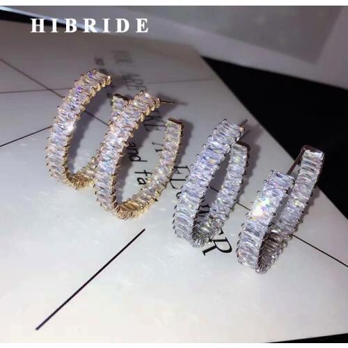 HIBRIDE Sparkling Cubic Zirconia Baguette Hoop Earring For Women Jewelry White Gold Color Circle Earrings Bijoux Jewelry E-887