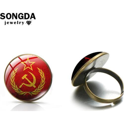 SONGDA Ancient Bronze CCCP Russia Emblem Sickle Hammer Ring USSR Soviet Art Picture Glass Cabochon Rings for Women Men Souvenirs
