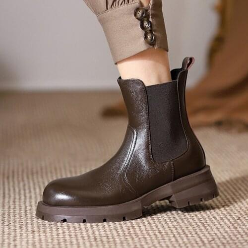 Stretch genuine leather round toe gradient simple style winter 4cm med heels British school slip on ankle boots DSHL11 MUYISEXI