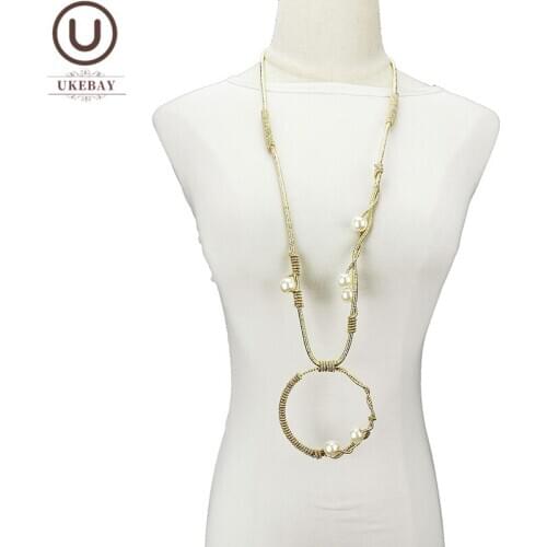 UKEBAY New Gold Color Luxury Necklaces Women Round Metal Pendant Necklace Sweater Chains For Female Wedding Jewelry Pearl Gifts