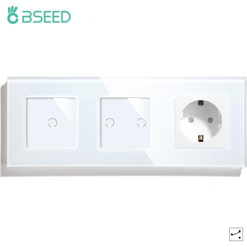 BSEED EU Standard Light Switch 1Gang 2Gang 2Way Wall Touch Switches With Power Outlet Tempered Glass Frame Led Lamp Controller