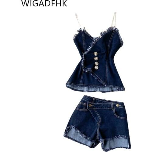 WIGADFHK Ladies Summer Denim Suit Fringed Strapless Denim Top + Shorts Set Chic Ladies Denim Shorts 2-Piece Set