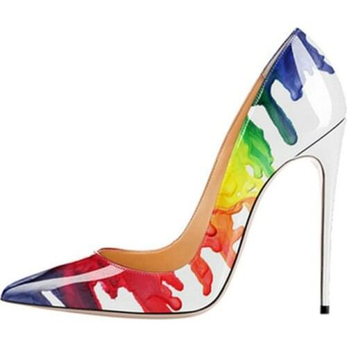 Woman Splash Watercolor Printed Leather High Heels Multicolor Dress Heels Wedding Pump Thin High Heeled Party Pointed Toe Shoes