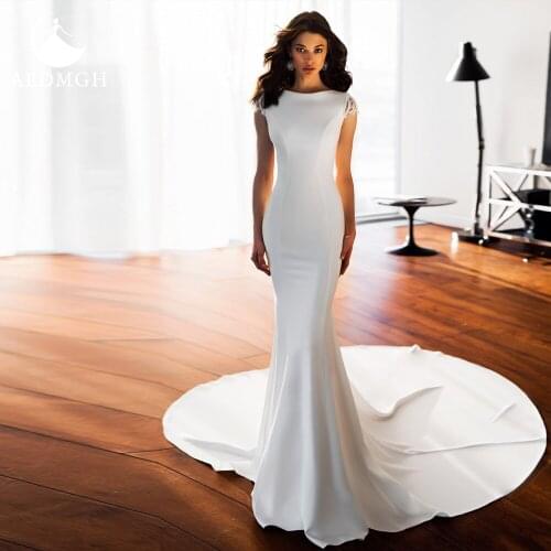 Aedmgh Mermaid Satin Wedding Dresses 2021 O-Neck Cap Sleeve Vestido De Novia Beaded Sheath Sweep Train Backless Robe De Mariee