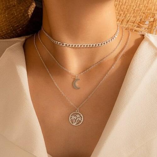 New Fashion Personality Multi-layer Moon Coconut Tree Pendant Necklace for Women