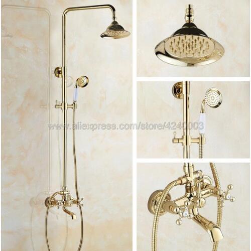 Gold Polished Shower Faucets Set Brass Rainfall Shower Mixer Tap Swivel Tub Spout Bathroom Shower Faucet Kgf357