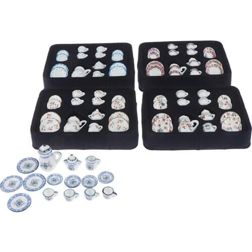 1:12 Miniature Porcelain Tea Cup Set Chintz Flower Tableware Kitchen Dollhouse 17pcs/set