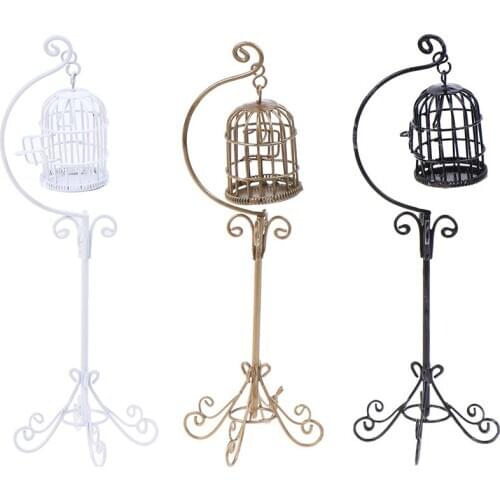 3 Colors 1:12 Mini Doll House Metal Bird Cage Model With Holder Alloy Miniature Decorations Modern Home Room Crafts