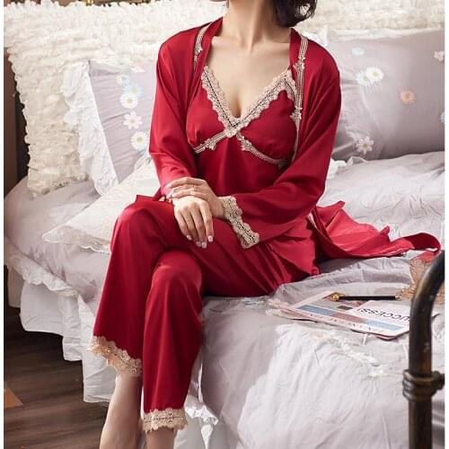 3PCS Satin Nightwear Pajamas Set Women Lace Sleepwear Casual Loungewear Lingerie Kimono Bathrobe Gown Pijamas Sleep Bottoms