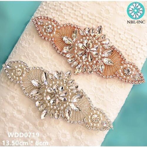 30PCS)Wholesale hand beaded sewing bridal rose gold crystal rhinestone applique iron on for wedding dresses DIY sash WDD0719