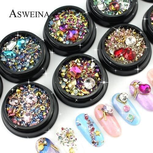 9 Type 1 Box Mixed Colorful Rhinestones 3D Nail Decoration Glass Metal Crystal Stone Charm Gems Manicure Nail Art Tips