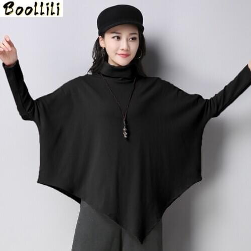Boollili Fashion 2020 Womens Turtleneck T Shirt Women Thickening Winter Batwing Asymmetrical Tops Loose Casual T-shirts