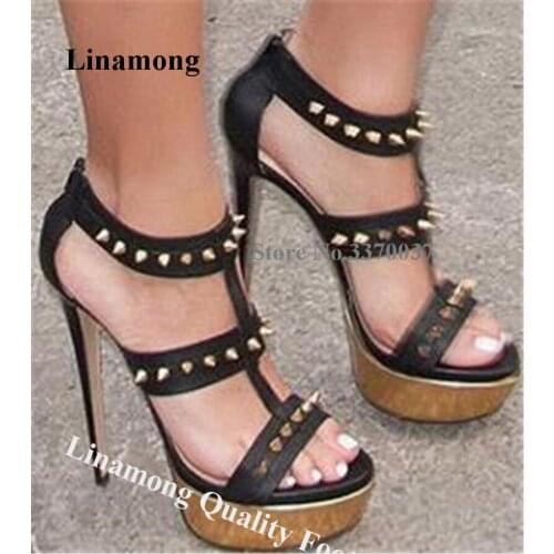 Linamong Women Elegant Black Gold Patchworl High Platform Stiletto Heel Rivet Sandals Back Zipper-up Studded High Heel Sandals