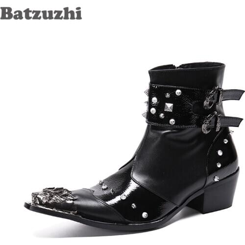 Batzuzhi Rivets Ankle Leather Boots Men Punk Western Cowboy Men Boots Pointed Metal Tip Botas Militares Motorcycle, Big Size 46