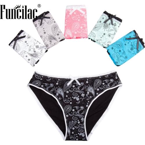 FUNCILAC Womens Underwear Cotton Print Low-Wist Cute Seamless Panties Woman Sexy Thong Briefs Woman Under Wear 5pcs/Lot M L XL