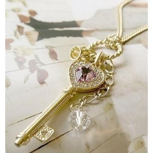 KoreanFashion crystal love gold plateden crown key necklace sweater chain