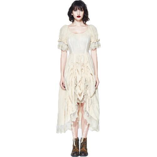 Fashion Gothic Womens Dress Prairie Chic Cotton Long Dresses Short Puff Sleeve Romatic Dress Lace Cream Dress New Arrival