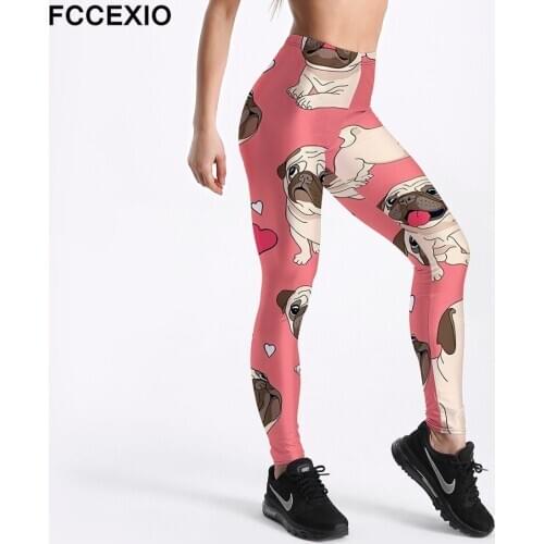 FCCEXIO Fashion 3D Dog Pug and Love Print Fitness Leggings New High Waist Plus Size Soft Elastic Sexy Full Leggings Long Pants