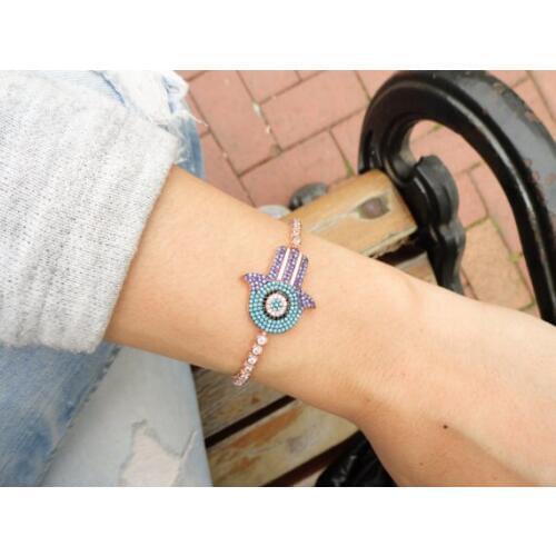 2019 Fashion Style rose gold color AAA cubic zirconia pave turquoises hamsa hand girl tennis bracelet
