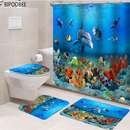 Ocean Dolphin Fish Waterproof Shower Curtain Deep Sea Animals Bathroom Curtains Pedestal Rug Lid Toilet Cover Bath Mat Sets