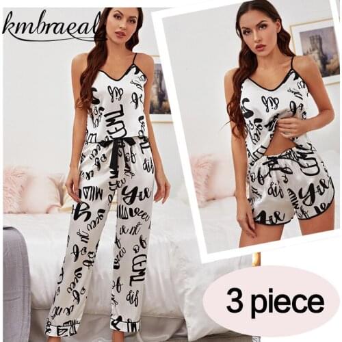 Pajamas for Women Emulation Silk Summer Condole Belt + Long Pants Pajama Two Piece Set Letter Print Sleepwear Homewear Plus Size