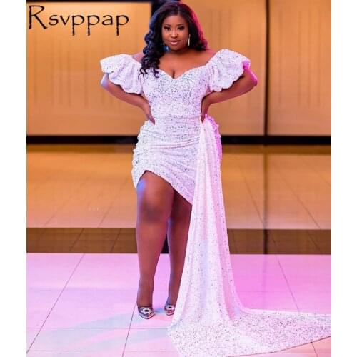 Plus Size African Short Prom Dresses Elegant V-neck With Short Sleeves Pleated Sparkly Sequin Party Prom Dress With Long Train