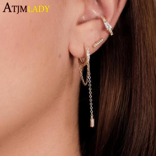 925 sterling silver baguette cz minimal mini small Huggie hoop with tassel chain earring delicate piercing fashion women jewelry