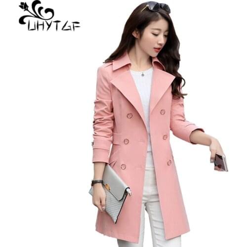 UHYTGF New Autumn Trench Coat for Women Double-breasted Slim Outerwear long Windbreaker Coats Elegant Ladies M-3XL Plus size 918