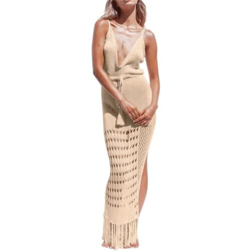 Crochet Beach Sling Maxi Dress Tassel Bikini Cover-Ups Women Summer Beachwear Sexy Hollow Out Knitted Swimsuit High Split Robe