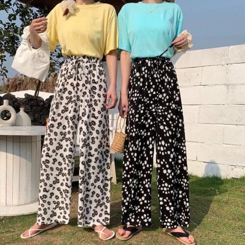 Wenfly Women Summer Printing Pants Vintage Floral Elastic High Waist Wide Leg Trousers Korean Casual Loose Plus Size