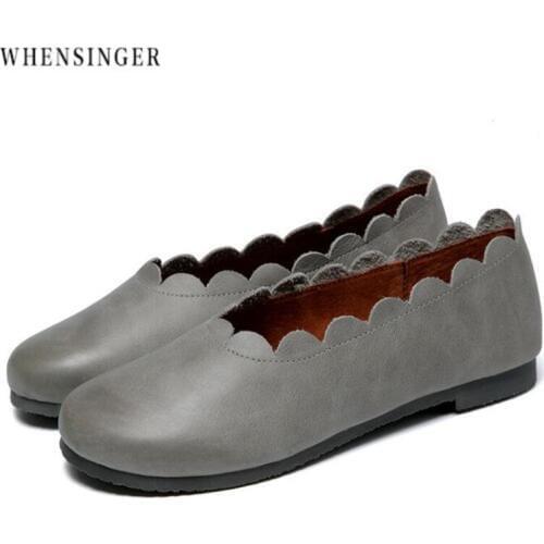 Whensinger - Women Flats Women shoes Flat Loafers Casual Ladies Slip Cow Driving Boat Shoes footwear Genuine Leather