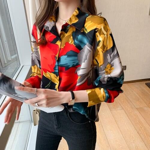 2021 Autumn Chiffon Printed Loose Blouse Turn-down Collar Office Lady Lantern Sleeve Colorful Casual Shirts Bottom Tops