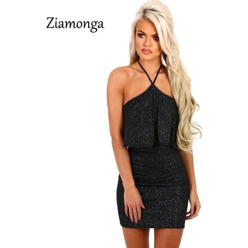 Ziamonga Black Summer Dress Women Off Shoulder Halter Sequined Sexy Dress Ruffles Package Hip Sheath Mini Short Dress C2837