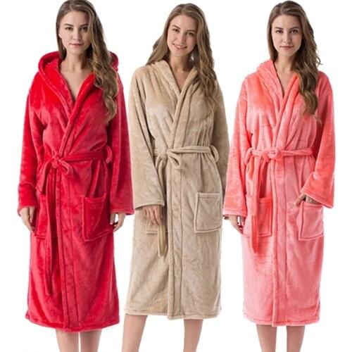 Winter Bathrobe Women Solid Color Fleece Warm Casual Hooded Bathrobe Womens Clothing Homewear Loungewear Sleepwear Robes