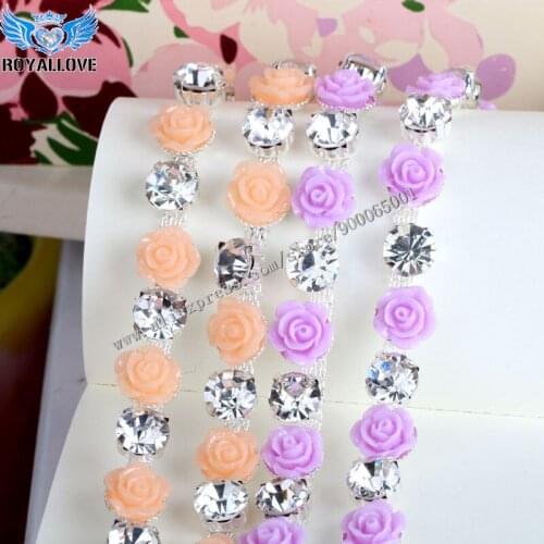 3color Rose Flower Crystal Rhinestones Silver Plated Ribbon Chain Trim appliques For Wedding dress Collar decoration accessories