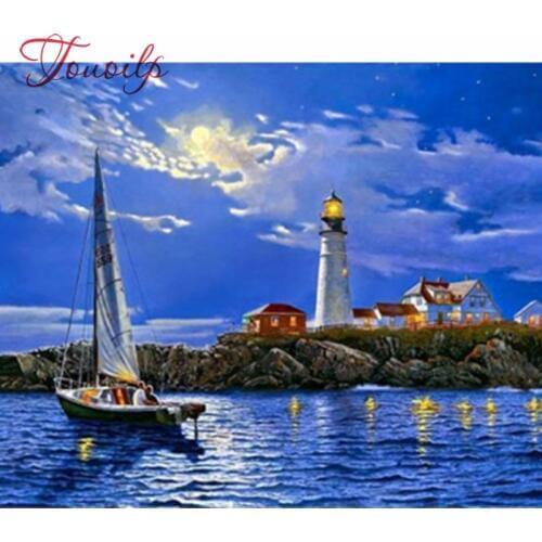 Touoilp diamond embroidery stitch square&round diamond decorative 5d diy Sunset Seaview Boat diamond painting mountain
