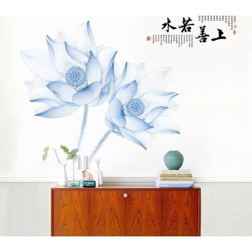Large 3D Blue Lotus Flowers Wall Stickers Home Decor Living Room Art Decals Bedroom Decor Aesthetics Wallpaper Mural Removable