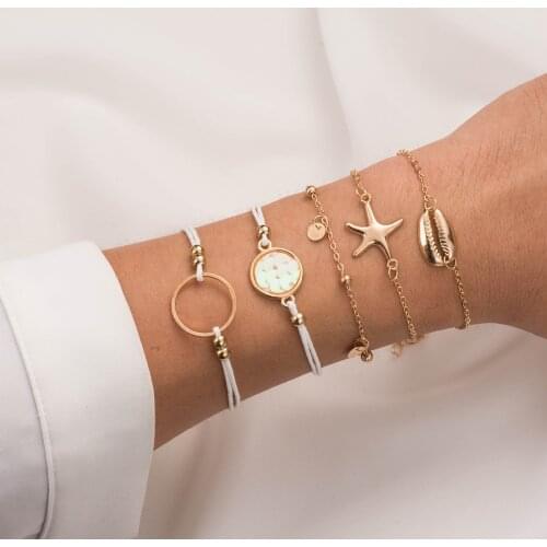 5 Piece Bohemia Boho Women Girl Lady Female Gold Color Fish Scale Bracelet, Starfish Bracelet, Shell Bracelet