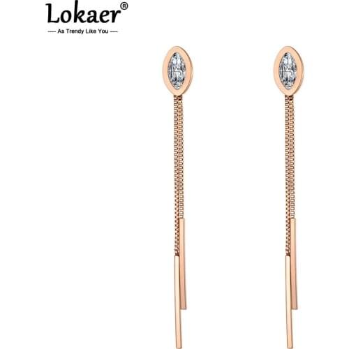 Lokaer Titanium Steel Bohemia Tassel Long Earrings Jewelry Rose Gold Clear CZ Crystal Vacation Dangle Earrings For Women E19144