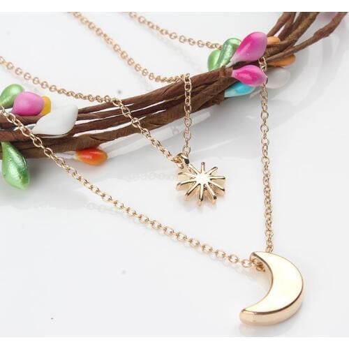 Gold Layered Necklace Set Moon Star Double Chain Pendant Necklace Jewelry For Women Charm Multi Layer Necklaces Collares Mujer