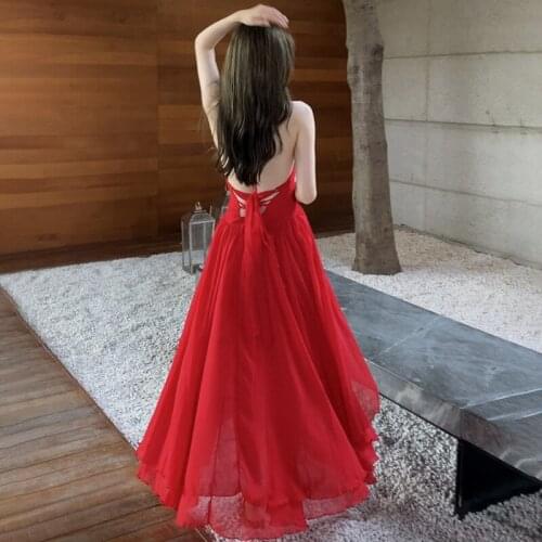 Summer Women Red Beach Maxi Dress Sleeveless French Pleated Sexy Backless Cross Bandage Lrregular Loose Elegant Party dress
