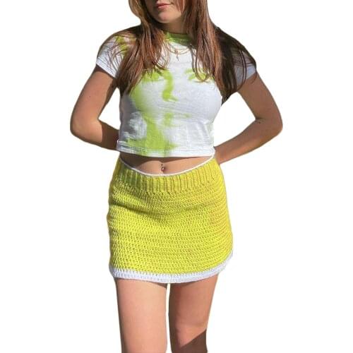 Summer Womens A-Line Mini Skirt Casual High Waist Color Block Above Knee Crochet Short Skirt