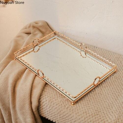 Metal Rectangular Mirror Tray Household Dressing Table Cosmetic Storage Living Room Coffee Table Storage Tray Home Decoration