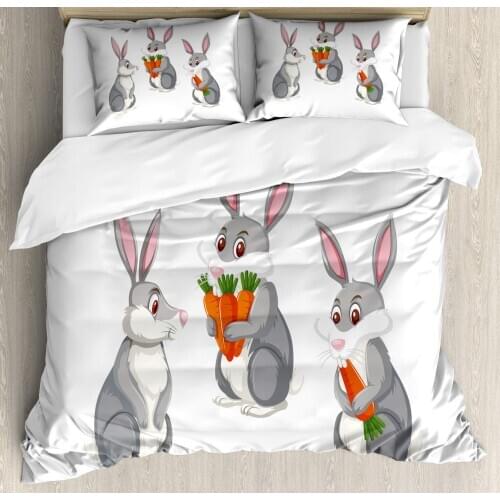 Easter Bunny Duvet Cover Set Funny 3 Rabbits Cartoon for Holiday 3 Piece Bedding Set Pale Vermilion Pale Taupe Pale Pink Olive