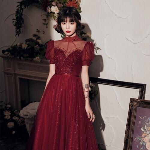 2020 New Women Short Sleeve Fashion Elegant Burgundy Mesh Long Evening Dress Female Wedding Toast Dress Vestidos XS-4XL