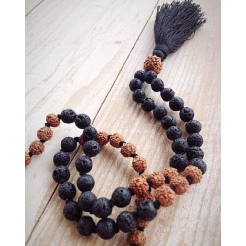 Knotted Necklace 108 Mala Beads Bodhi knotted necklace Lava Stone necklaces Prayer Beads Hand Knot Tassel necklaces Yoga Mala