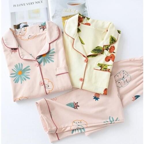 Simple Flower Womens Pajamas Sets Warm Cotton Women Home Wear Clothes Suit Long Sleeve Trousers Pajama Set Soft Two-piece Suit