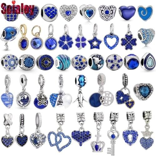 Seialoy 2pcs Dark Blue Earth Beaded Heart Dangle Charm Heart Lock Key Pendant Fit Brands Bracelets Diy Jewelry Making
