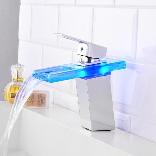 LED Light Basin Faucets Glass Waterfall Bathroom Faucet Deck Mounted Wash Sink Taps Color Changes Temperature Hot And Cold Tap